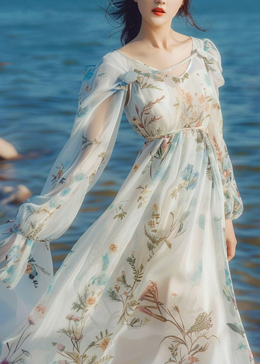 Light Blue V Neck Print Chiffon Long Dress Long Sleeve Kj011