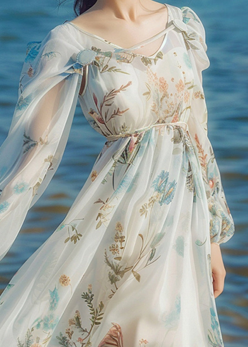 Light Blue V Neck Print Chiffon Long Dress Long Sleeve Kj011