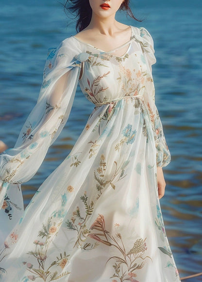 Light Blue V Neck Print Chiffon Long Dress Long Sleeve Kj011