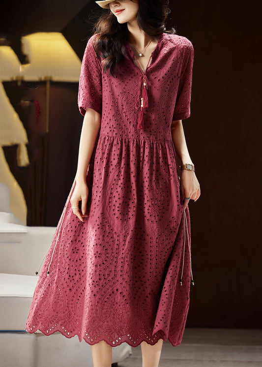 Mulberry V Neck Hollow Out Sashes Cotton Maxi Dress Short Sleeve Ww027