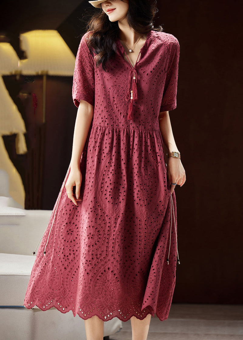 Mulberry V Neck Hollow Out Sashes Cotton Maxi Dress Short Sleeve Ww027