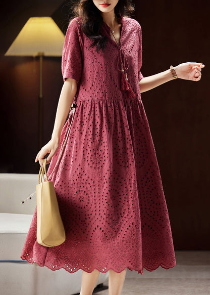 Mulberry V Neck Hollow Out Sashes Cotton Maxi Dress Short Sleeve Ww027