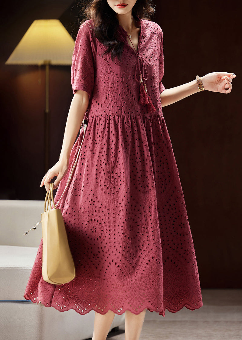 Mulberry V Neck Hollow Out Sashes Cotton Maxi Dress Short Sleeve Ww027