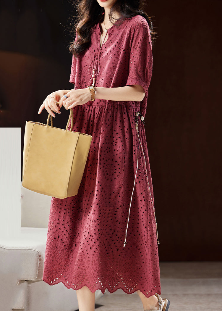 Mulberry V Neck Hollow Out Sashes Cotton Maxi Dress Short Sleeve Ww027