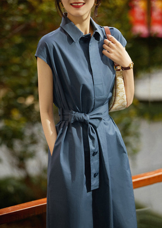 Navy Cinched Cotton Long Dress Summer Tl006