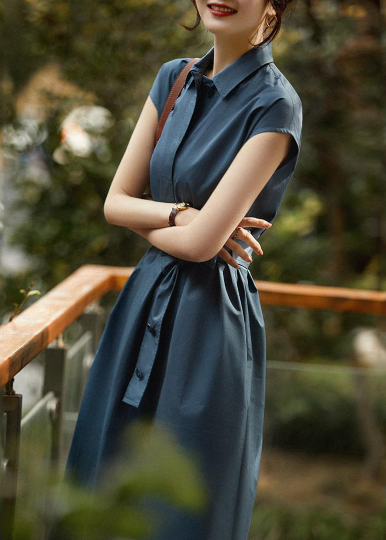 Navy Cinched Cotton Long Dress Summer Tl006