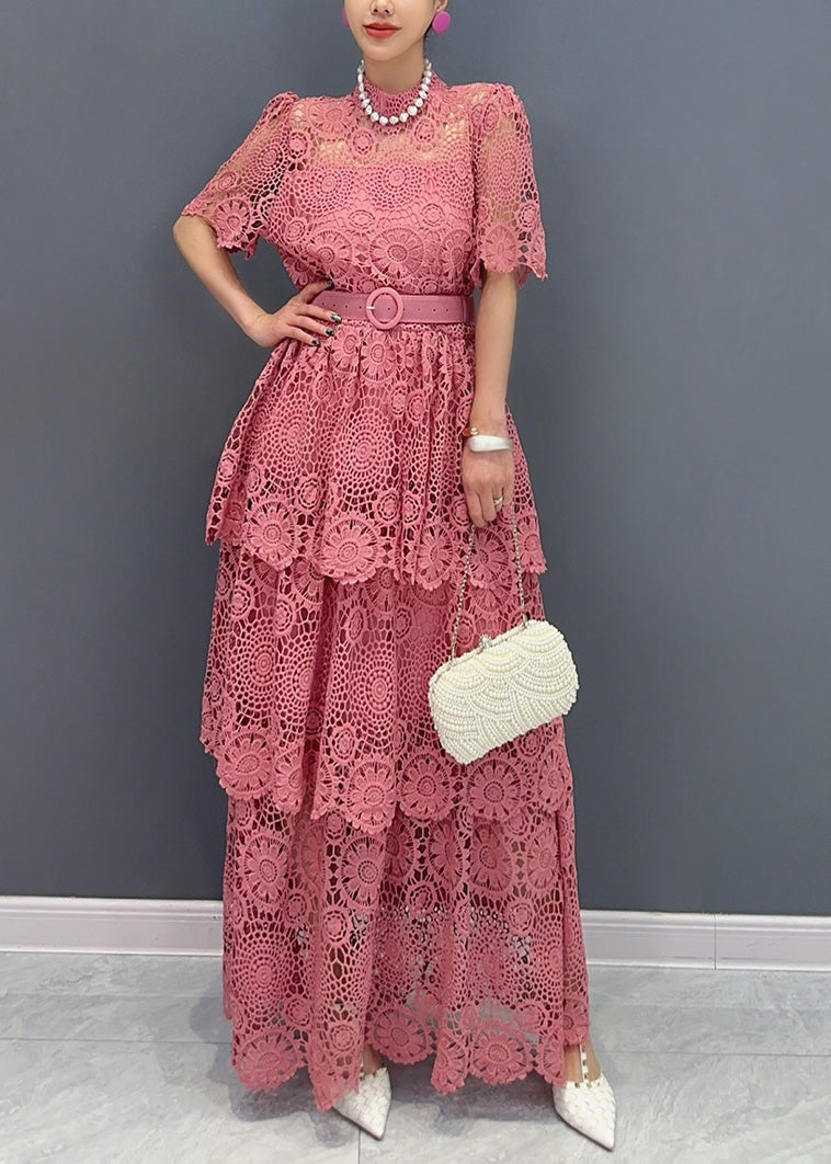 Navy V Neck Sashes Hollow Out Lace Long Dresses Summer Ao1013