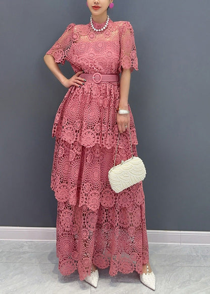Navy V Neck Sashes Hollow Out Lace Long Dresses Summer Ao1013