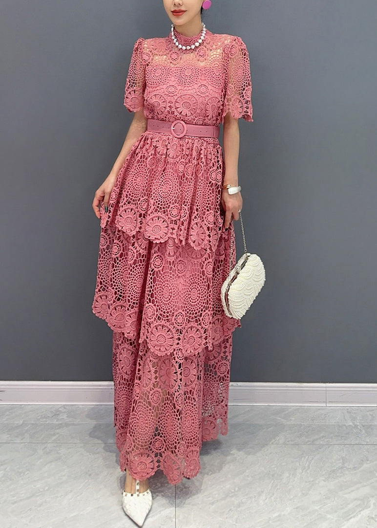Navy V Neck Sashes Hollow Out Lace Long Dresses Summer Ao1013