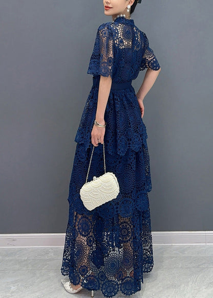 Navy V Neck Sashes Hollow Out Lace Long Dresses Summer Ao1013