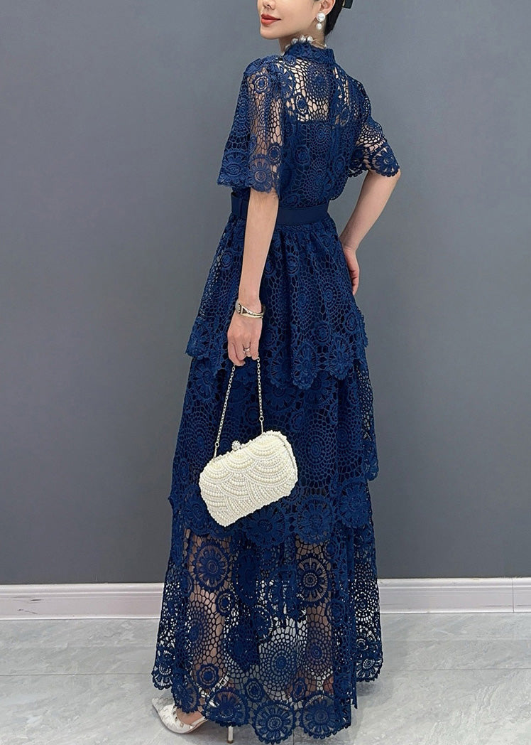Navy V Neck Sashes Hollow Out Lace Long Dresses Summer Ao1013