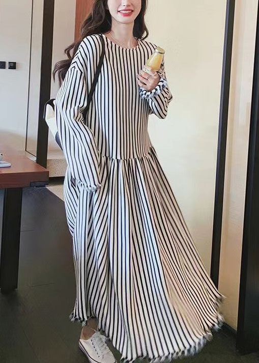 O Neck Striped Patchwork Cotton Long Dresses Long Sleeve Bv038