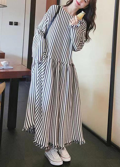 O Neck Striped Patchwork Cotton Long Dresses Long Sleeve Bv038