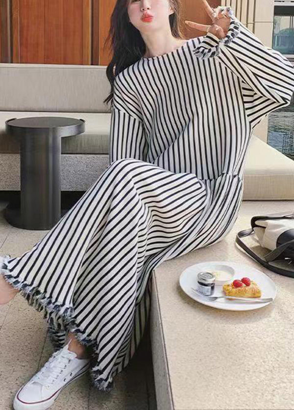 O Neck Striped Patchwork Cotton Long Dresses Long Sleeve Bv038