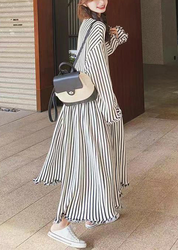 O Neck Striped Patchwork Cotton Long Dresses Long Sleeve Bv038