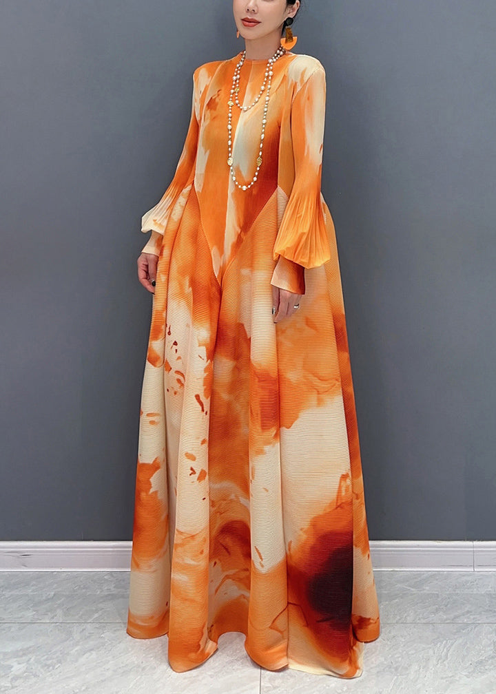 Orange Stand Collar Wrinkled Chiffon Long Dress Spring Uu1060
