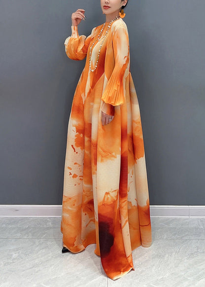 Orange Stand Collar Wrinkled Chiffon Long Dress Spring Uu1060