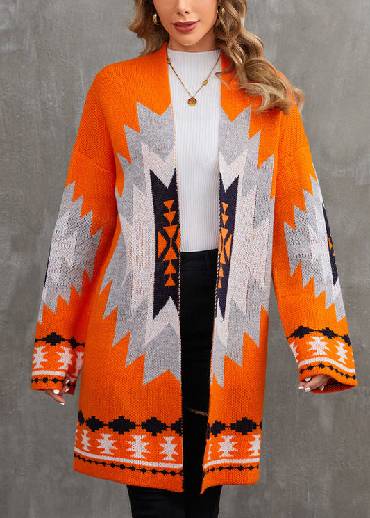 Orange V Neck Patchwork Knit Cardigan Fall Ae1013