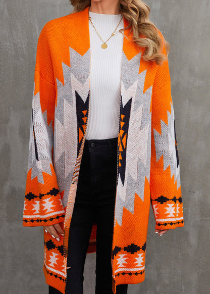 Orange V Neck Patchwork Knit Cardigan Fall Ae1013