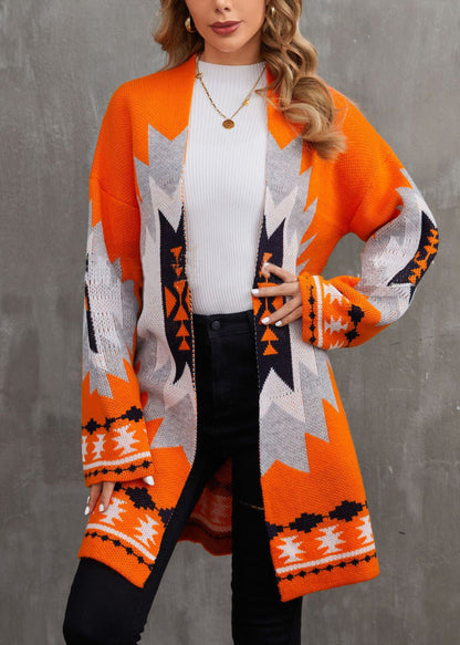 Orange V Neck Patchwork Knit Cardigan Fall Ae1013
