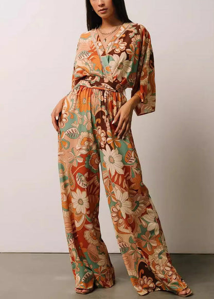 Orange V Neck Print Lace Up Jumpsuits Half Sleeve Au1009