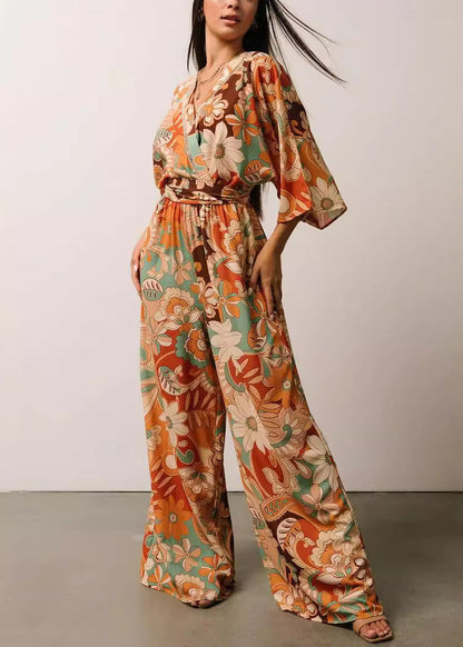 Orange V Neck Print Lace Up Jumpsuits Half Sleeve Au1009