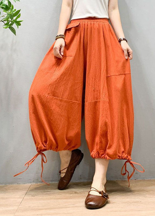 Orange Wrinkled Drawstring Patchwork Linen Lantern Pants Summer Ly0587