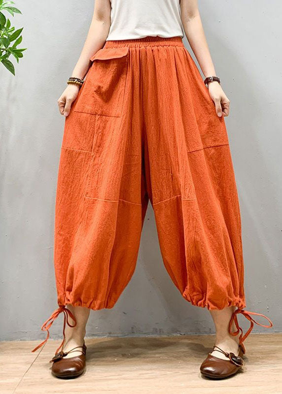 Orange Wrinkled Drawstring Patchwork Linen Lantern Pants Summer Ly0587