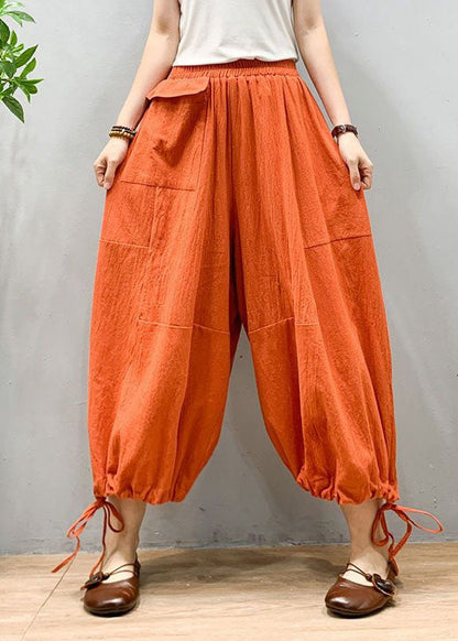 Orange Wrinkled Drawstring Patchwork Linen Lantern Pants Summer Ly0587