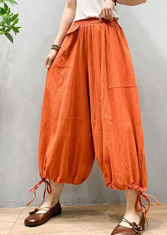 Orange Wrinkled Drawstring Patchwork Linen Lantern Pants Summer Ly0587