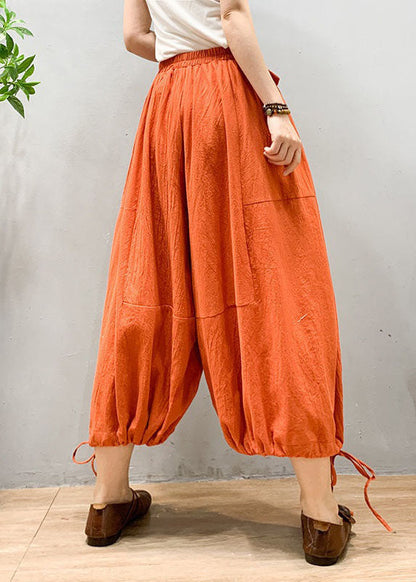 Orange Wrinkled Drawstring Patchwork Linen Lantern Pants Summer Ly0587