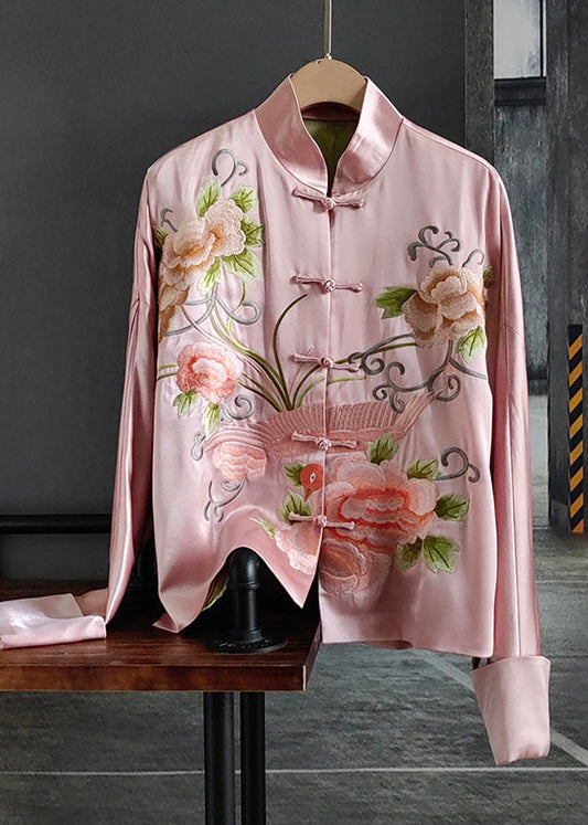 Pink Embroideried Chinese Button Patchwork Silk Coat Spring Ly0986