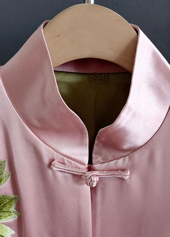 Pink Embroideried Chinese Button Patchwork Silk Coat Spring Ly0986