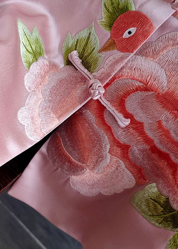 Pink Embroideried Chinese Button Patchwork Silk Coat Spring Ly0986