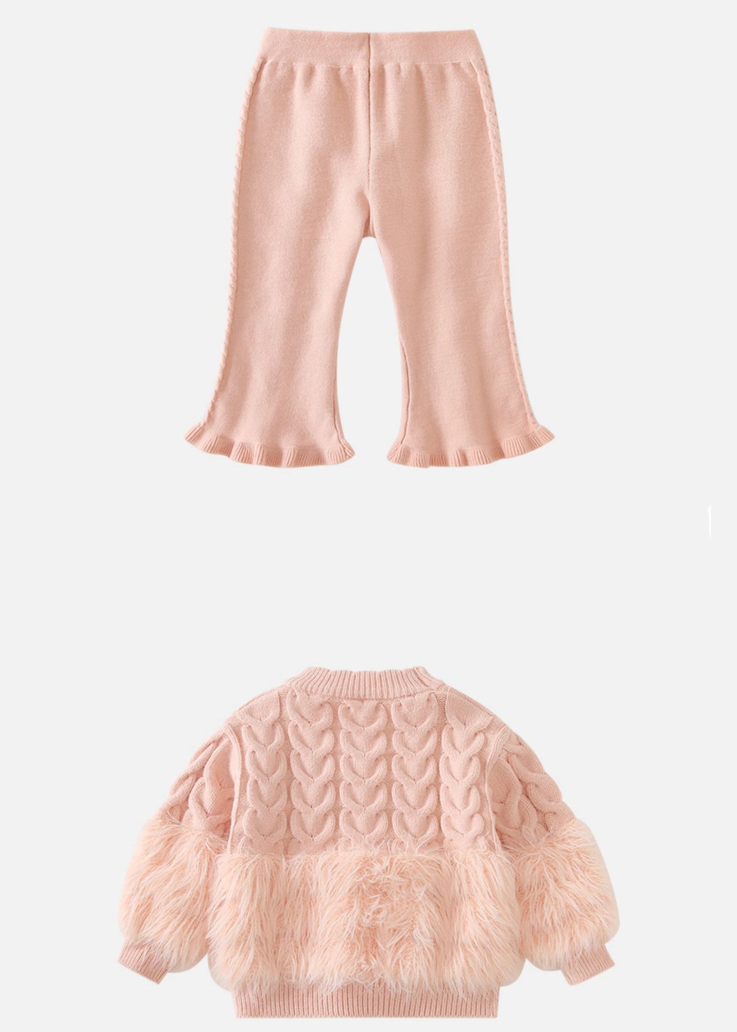 Pink Fuzzy Fur Fluffy Patchwork Cotton Knit Kids Sweaters and Pants Two Pieces Set Winter Tr021