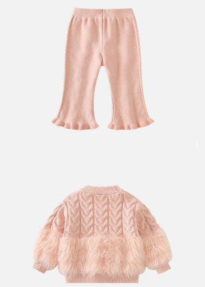 Pink Fuzzy Fur Fluffy Patchwork Cotton Knit Kids Sweaters and Pants Two Pieces Set Winter Tr021