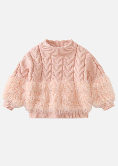 Pink Fuzzy Fur Fluffy Patchwork Cotton Knit Kids Sweaters and Pants Two Pieces Set Winter Tr021