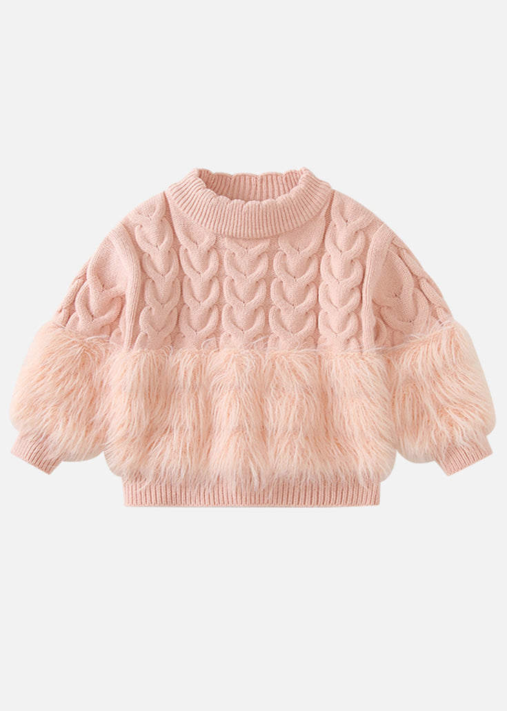 Pink Fuzzy Fur Fluffy Patchwork Cotton Knit Kids Sweaters and Pants Two Pieces Set Winter Tr021