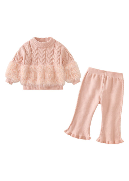 Pink Fuzzy Fur Fluffy Patchwork Cotton Knit Kids Sweaters and Pants Two Pieces Set Winter Tr021