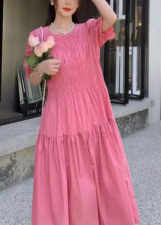 Pink O Neck Puff Sleeve Wrinkled Patchwork Cotton Long Dress Xx034