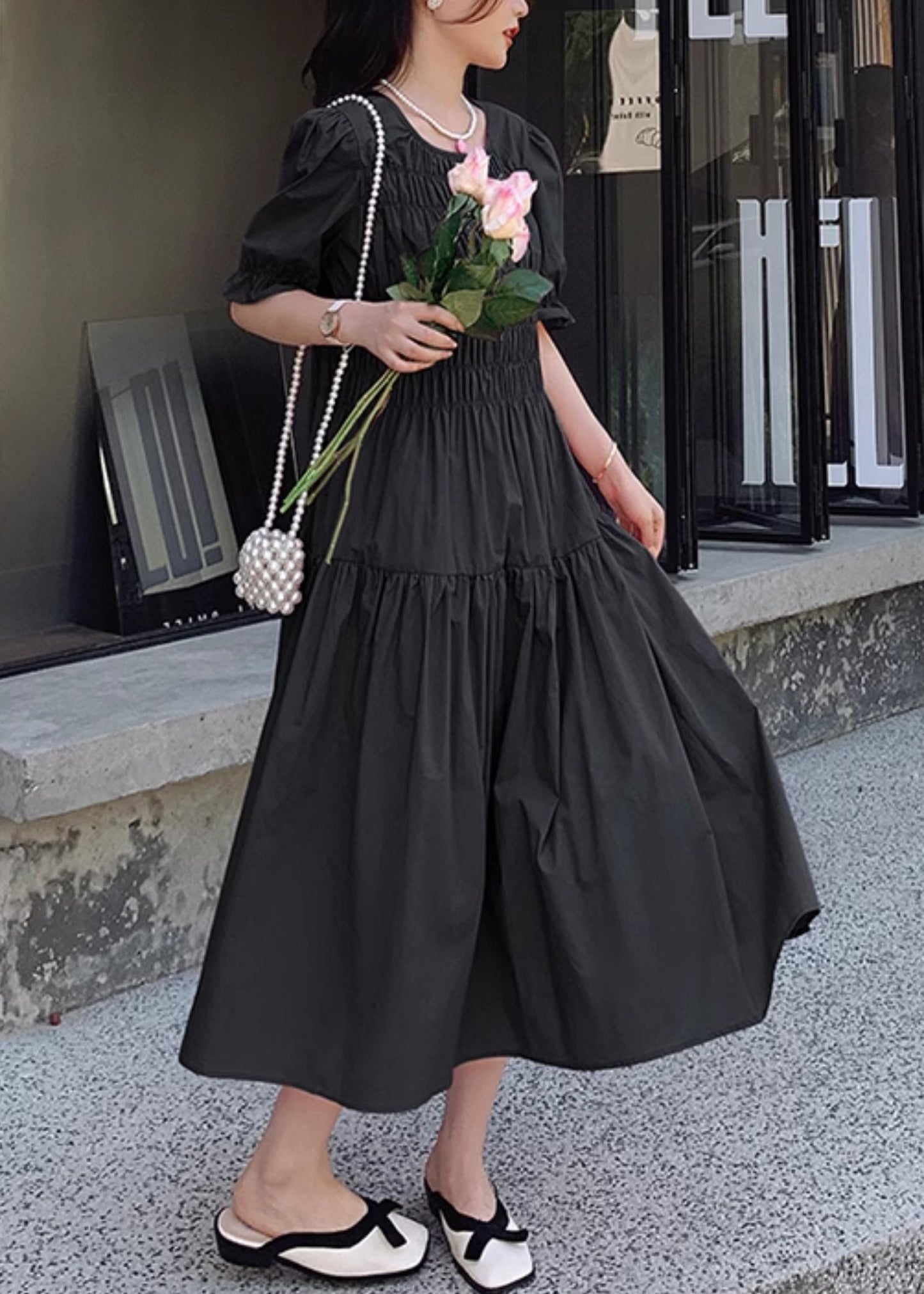 Pink O Neck Puff Sleeve Wrinkled Patchwork Cotton Long Dress Xx034