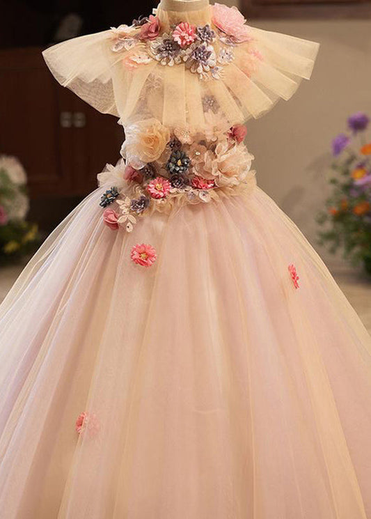 Pink Patchwork Tulle Kids Vacation Maxi Dresses Summer Yg019