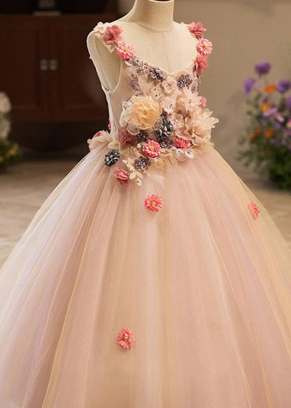 Pink Patchwork Tulle Kids Vacation Maxi Dresses Summer Yg019