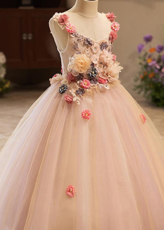 Pink Patchwork Tulle Kids Vacation Maxi Dresses Summer Yg019