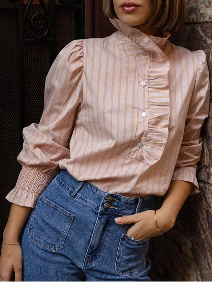 Pink Stripe Stand Collar Ruffled Blouse