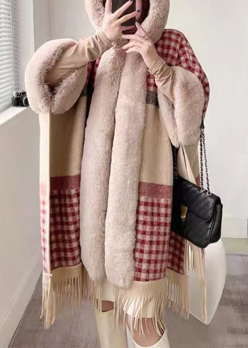 Plaid Hooded Tasseled Patchwork Warm Fleece Cape Coat Half Sleeve Yw017