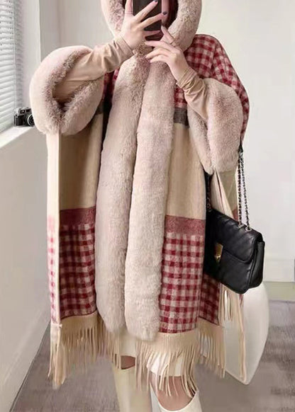 Plaid Hooded Tasseled Patchwork Warm Fleece Cape Coat Half Sleeve Yw017