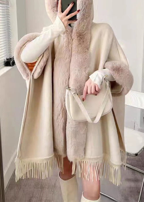 Plaid Hooded Tasseled Patchwork Warm Fleece Cape Coat Half Sleeve Yw017