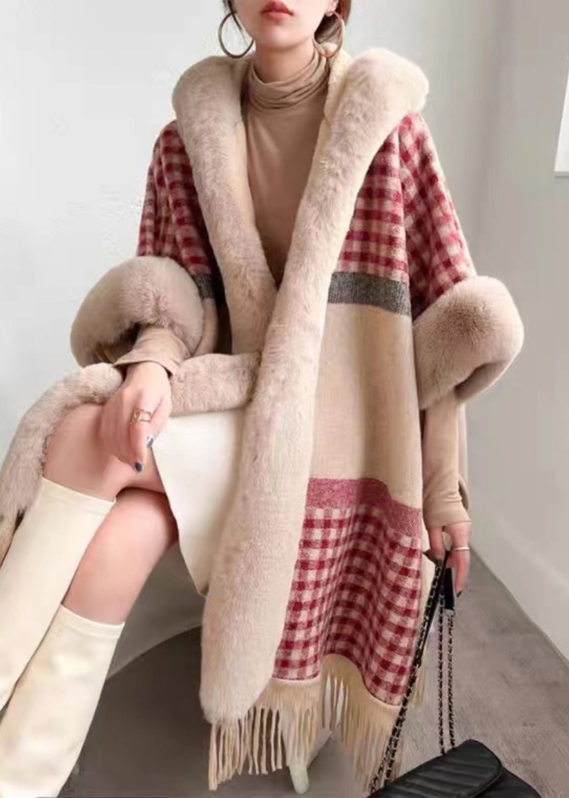 Plaid Hooded Tasseled Patchwork Warm Fleece Cape Coat Half Sleeve Yw017