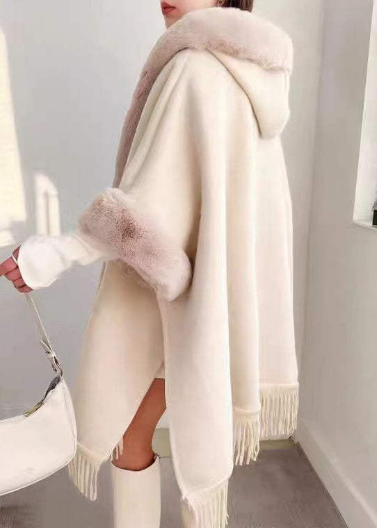 Plaid Hooded Tasseled Patchwork Warm Fleece Cape Coat Half Sleeve Yw017
